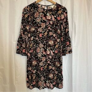 H&M Women’s Black Pink Floral Mini Dress 3/4 Flare Sleeve Size 10